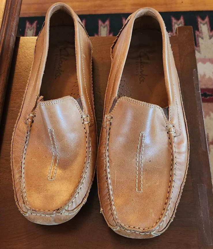 Mocassino uomo taglia 9 Clarks Markman stile guida tinta unita pelle marrone chiaro