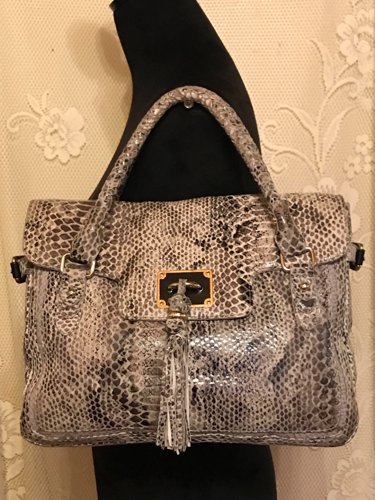 Elliott Lucca Snakeskin Leather Satchel with Double Top Handles and Tassel