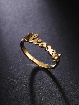 Yellow Gold Blessing Letter Ring Stainless Steel Women Size 6 7 8 9 10 11