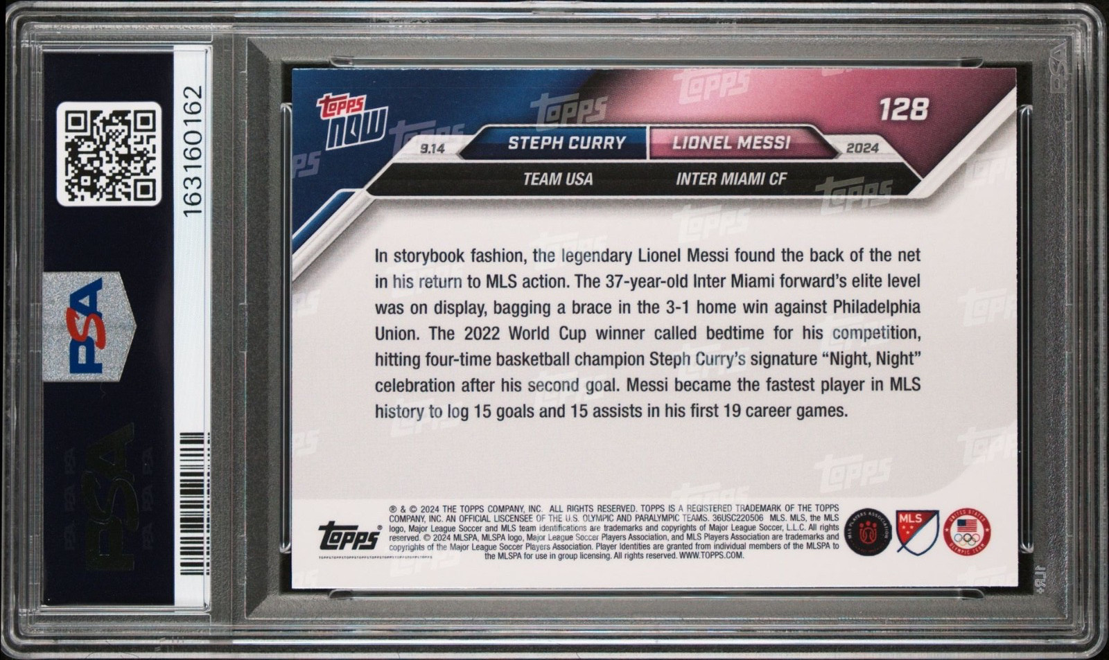 Stephen Curry/Lionel Messi 2024 Topps Now MLS Night Night #128 GOATs PSA 10 view 2