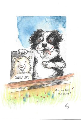 Original Aquarell-Tuschemischtechnik  Bordercollie personalisierbar  