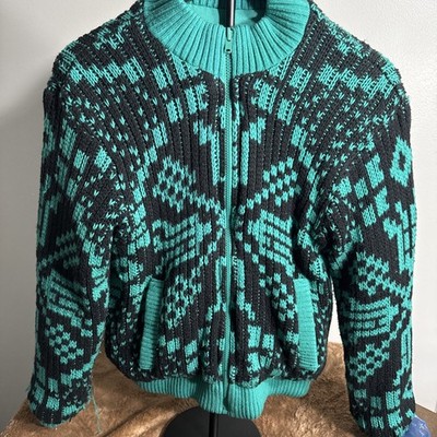 Reversible Knit L Y2K Turquoise & Black Geometric Aztek Full Zip Cotton Sweater