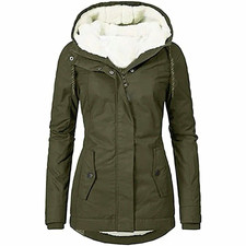 Women  s Green Hooded Zip Parka Jacket Faux Fur Lined Mid-Length Size M