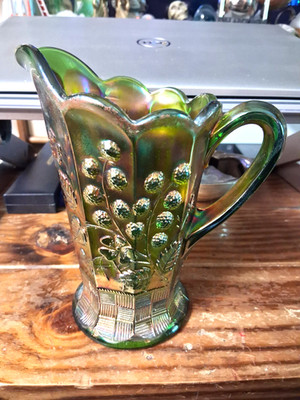 NORTHWOOD Carnival Glass GREEN Raspberry Milk Pitcher 7 1/2'' TALL BEAUTY!