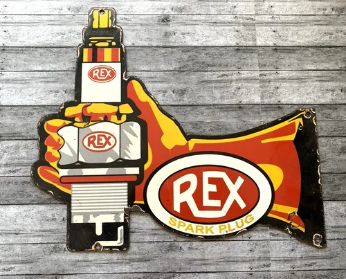 VINTAGE 12x10.5" REX SPARK PLUG GASOLINE GAS PUMP STATION PORCELAIN OIL SIGN