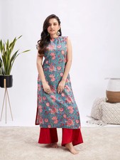 Women's Blue And Red Kalamkari Kurta Palazzo Set