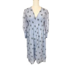 GANNI Organza Smock Midi Dress Long Sleeve Printed Floral Light Blue 36 (US4)