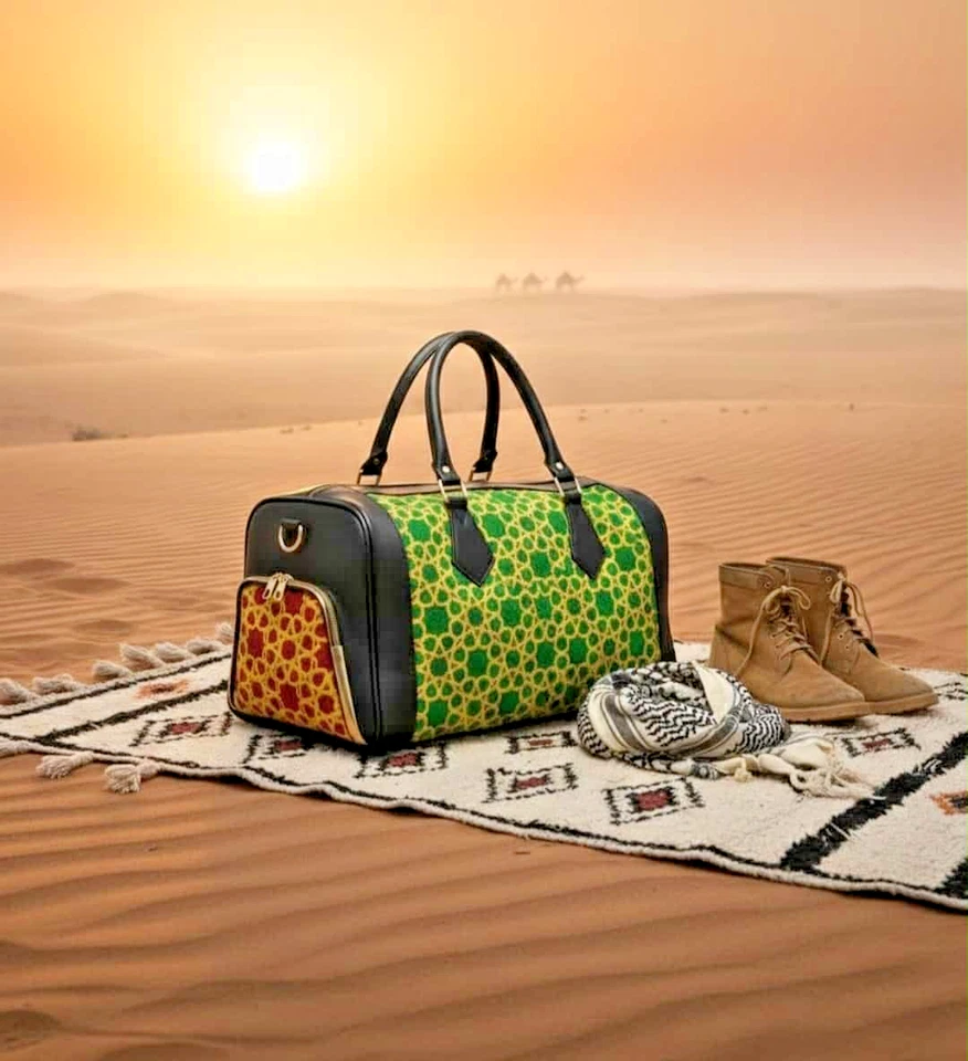 Bolso de viaje de fin de semana de cuero marroquí - Diseño Zellige hecho a mano - Manguito de mano Foto 2 de 4