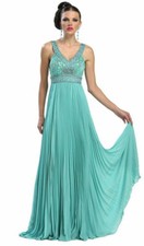 Sue Wong  Aqua Beaded Chiffon Double V Empire Accordion Formal Gown 4 NEW 499