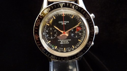 RARE CROTON CHRONOMASTER PILOT'S CHRONOGRAPH SPILLMAN CASE BLACK DIAL SUPER 50's - Picture 2 of 12