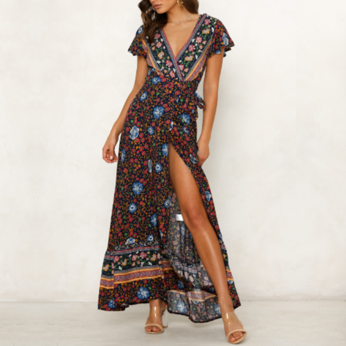 berrygo women's boho v neck ruffle floral wrap maxi dress BerryGo Women's Floral Wrap V Neck Ruffle Maxi Dress Casual Beach Short  Sleeve Long Dress with Slit Brick Red XXL at Amazon Women's Clothing store