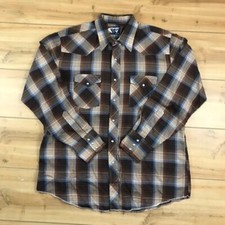 Wrangler Western Snap Shirt 17.5x35 Long Sleeve Plaid Brown Blue USA Made Cowboy
