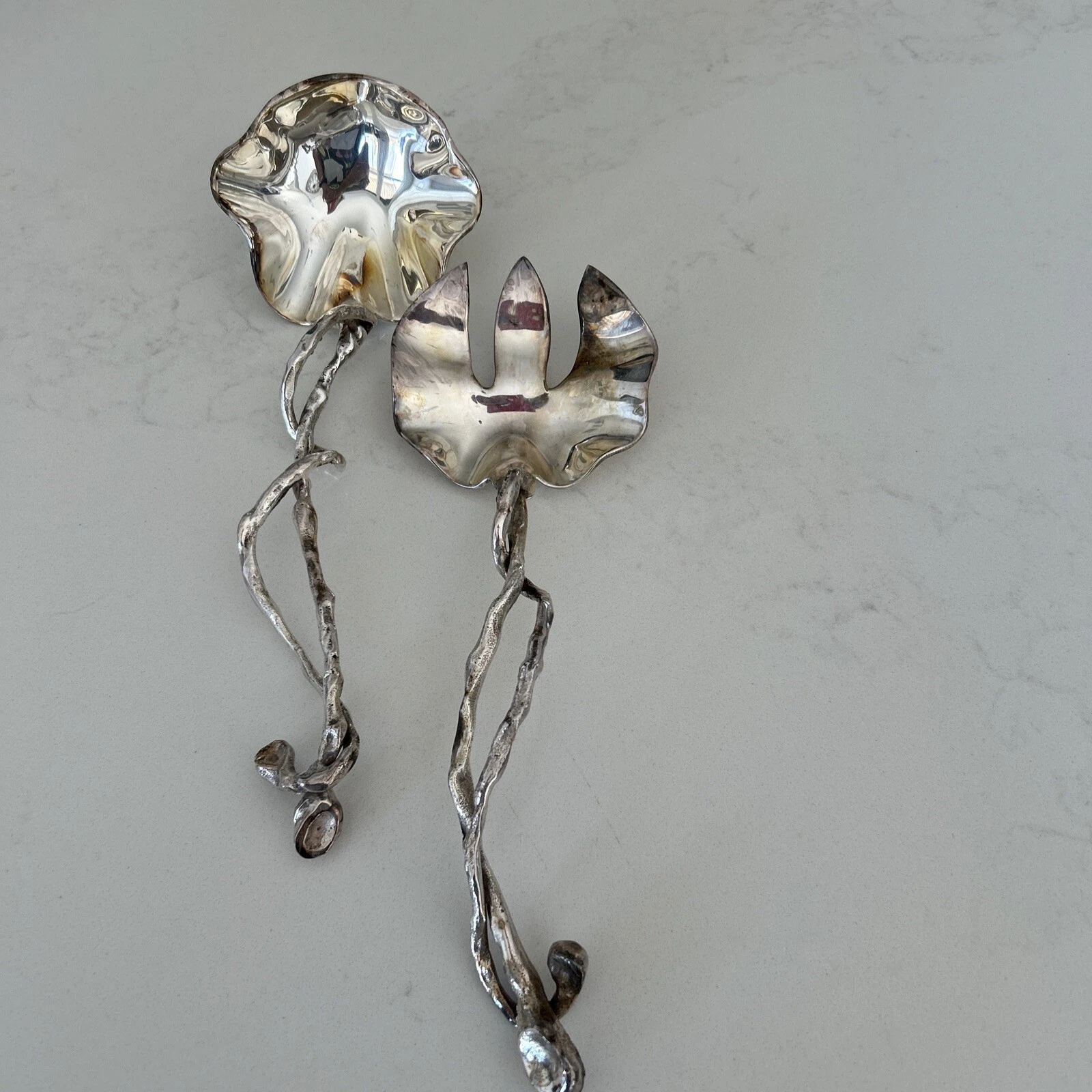 Vintage Silver plate Ladle And Serving Fork Hammered Handles 11”