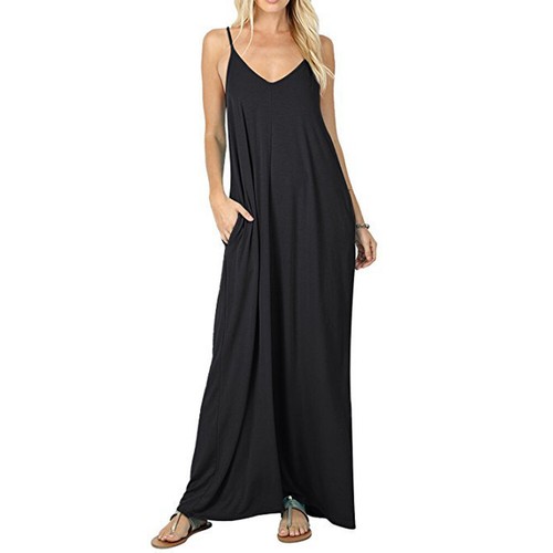 Womens Loose V Neck Pocket Maxi Dress Summer Beach Strapy Boho Long Sundress - 第 12/18 張圖片