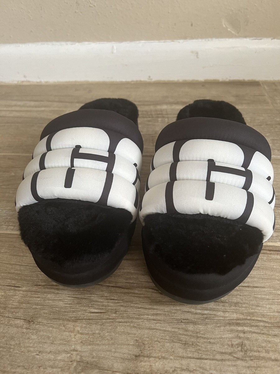 UGG Maxi Slide Logo Sheepskin Platform Sandals Black/White  display picture 1
