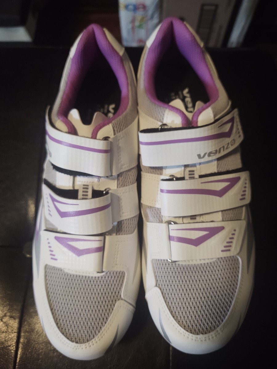 Venzo Chaussures de cyclisme pour femme - 3 sangles - Compatibles avec Peloton Shimano SPD & Look ARC Delta - Parfaites pour les vélos de course sur route - Blanc - 37, BLANC