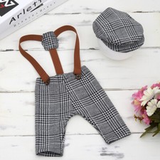 Newborn Baby Photography Props Tweed Suspender Braced Trousers Flat Cap Set