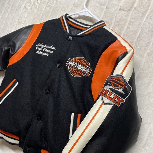 Harley Davidson Boys Reversible Embroidered Bomber Wool Blend Puffer Coat Size 6 - Picture 2 of 18
