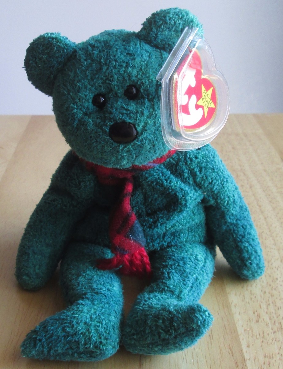 Ty Beanie Baby Bear Wallace - 1999 Green Bear with Scarf, Great