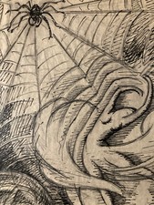 Très Beau Dessin Encre Sur Papier Toile Araignée Femme  Danse 1930 A Identifier