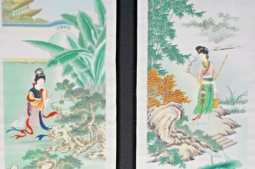 (2) Vtg Chinese Embroidered Silk Scroll Panel Wall Hanging Lotus Moon Temple 42" - Picture 2 of 12