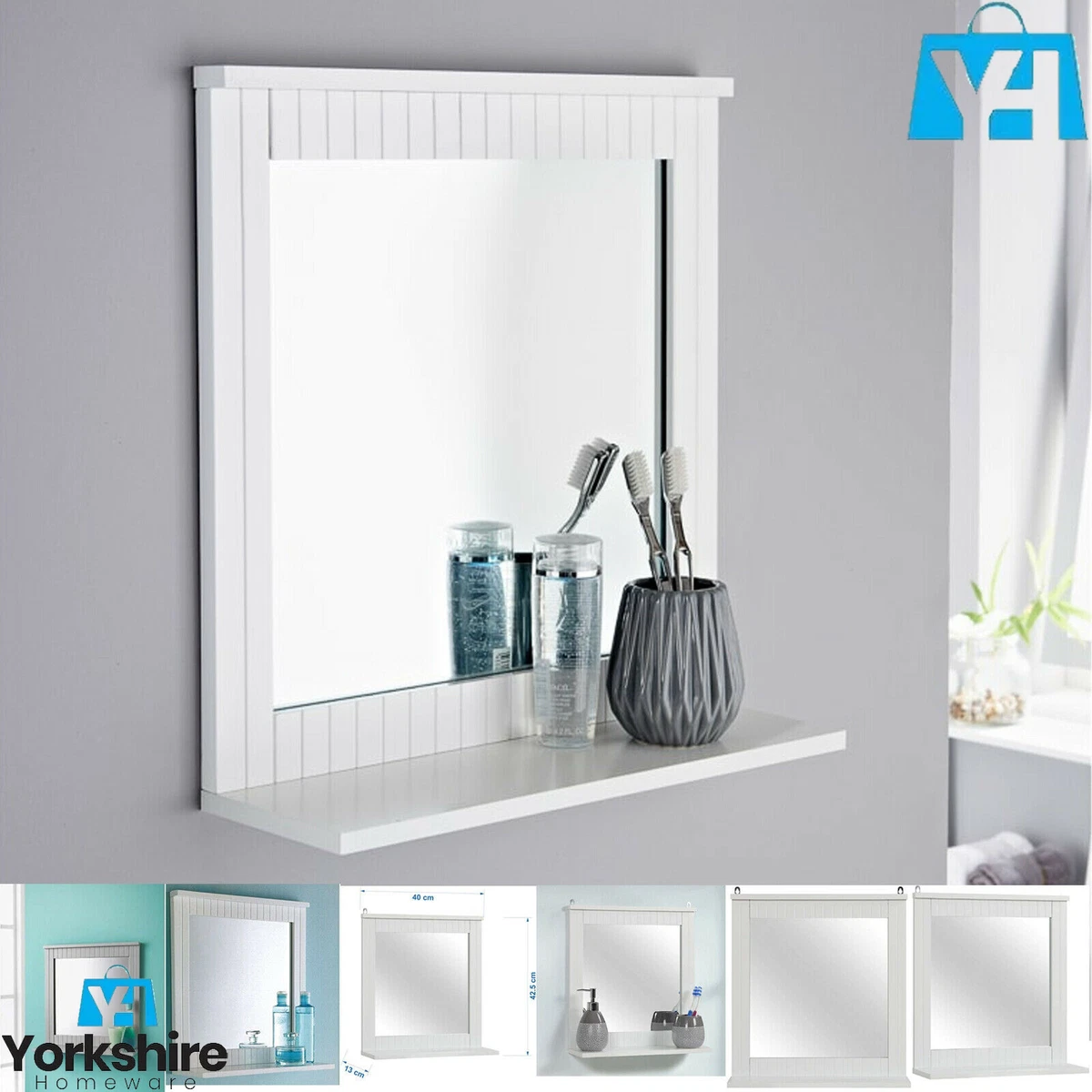 White Wood Framed Wall-Mounted Bathroom Home Mirror Shelf, Hanging