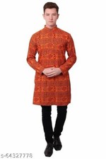Indian Traditional Cotton Blend Om PrintedLomg Kurta for Men Men's Wear