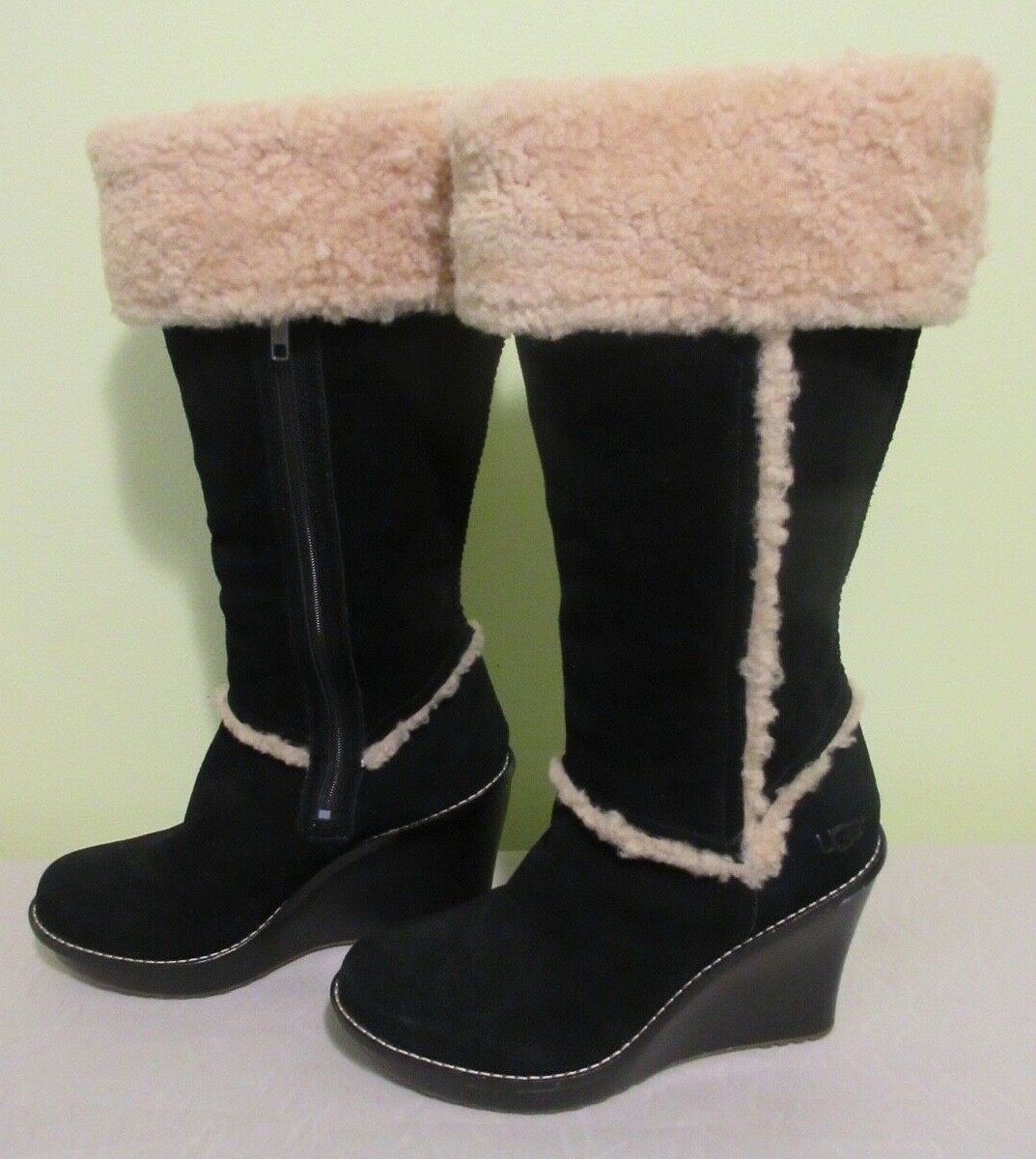 UGG Black Leather Sheepskin Fold Over Wedge Platform Boots