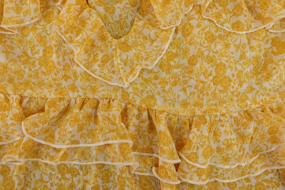 Old Navy 女式 XL 码黄色花卉印花绑带荷叶边雪纺上衣全新带标签 — 第 2/4 张图片