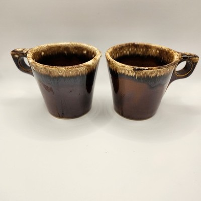 2 Vintage Hull Pottery Oven Proof USA Brown Drip Glaze Coffee Cups Mugs