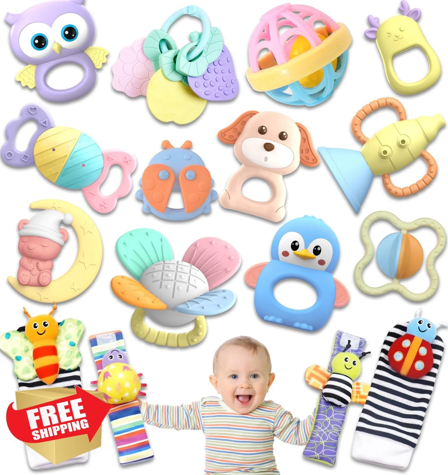 AZEN 16 Pack Baby Rattles Teething Toys 3-12 Months Pink