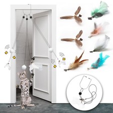 7-PCS Retractable Cat Feather Toys with Refills Bell Doorway Hanging Teaser