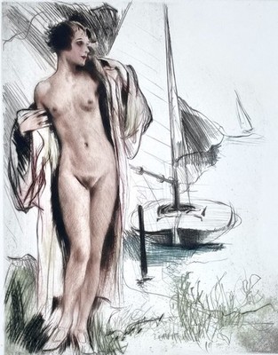 ''Akt mit Boot'' Farb-Radierung von Carl Josef Bauer - Nachlass Hanfstaengl Verlag