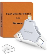 Techkey MFi Certified USB 3.0 Flash Drive 128GB iPhone 3in1 External Memory -NEW