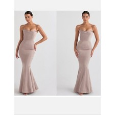 New HOUSE OF CB 'Violette' Satin Mermaid Fishtail Gown In Mushroom Sz Medium