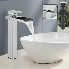 Waterfall Bathroom Vessel Faucet Tall single Handle Basin Sink Mixer Tap w/Drain