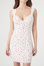 Forever 21 White Floral Mini Slip/Sun Dress S Lace Trim Party Vacation Dinner