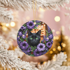 Black Cat Ornament Floral Purple Wreath Mystical Pet Lover Gift