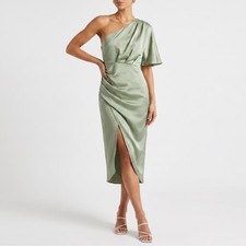 Cupshe Sage Green One Shoulder Satin Midi Dre...