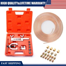 Brake Line Pipe Repair Kit 25ft 1/4 Copper Pipe Flaring Tool w/ 20 Nuts Fittings