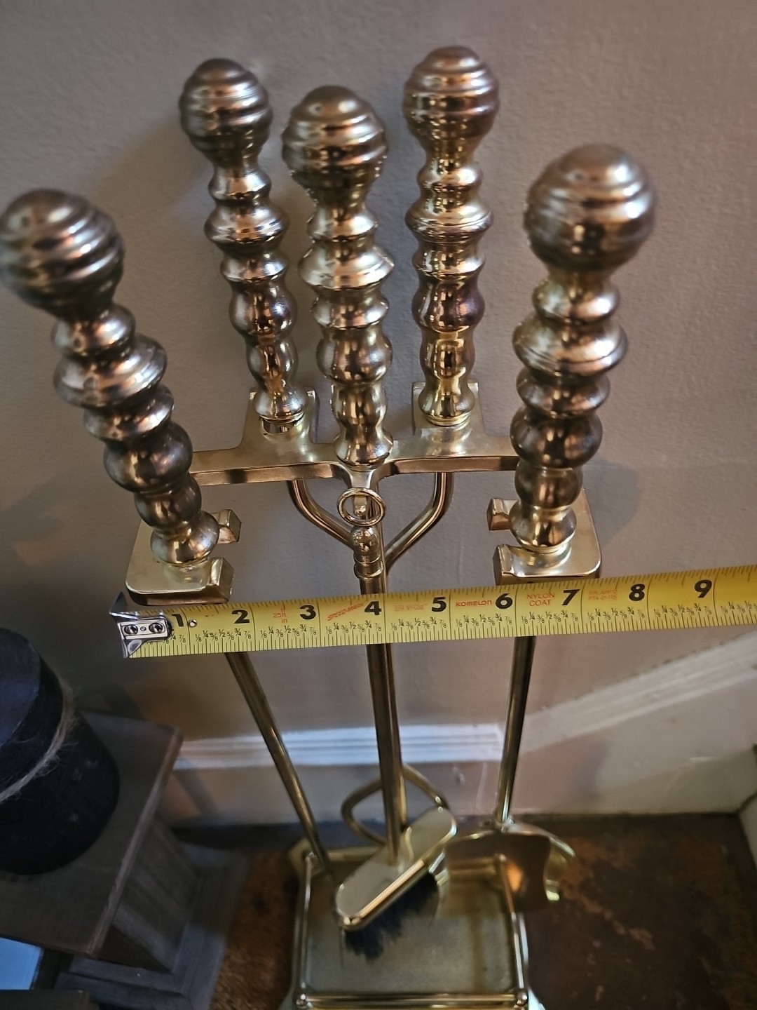Vintage Elegant Ornate Round Base Brass Fireplace Tool Set - 4 Piece + Stand