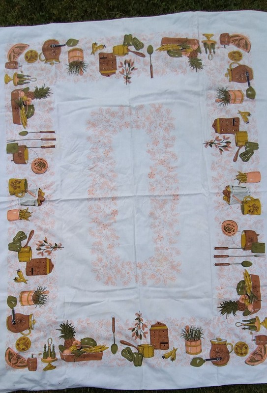 Vintage MCM Kitschy Cotton Tablecloth  Fruit  Vegetables Kitchen Items Utensils 