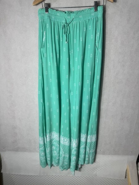 Ladies 14 MYLK Pants Light Teal Pockets Super Wide Leg Elastic Waist Rayon