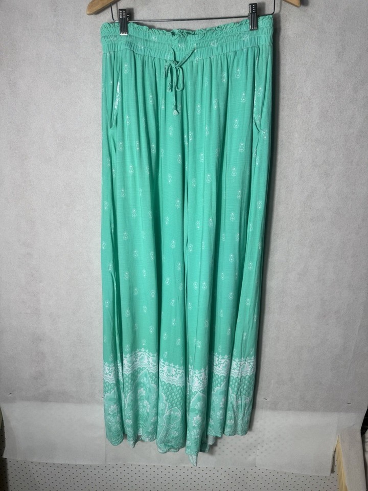 Ladies 14 MYLK Pants Light Teal Pockets Super Wide Leg Elastic Waist Rayon