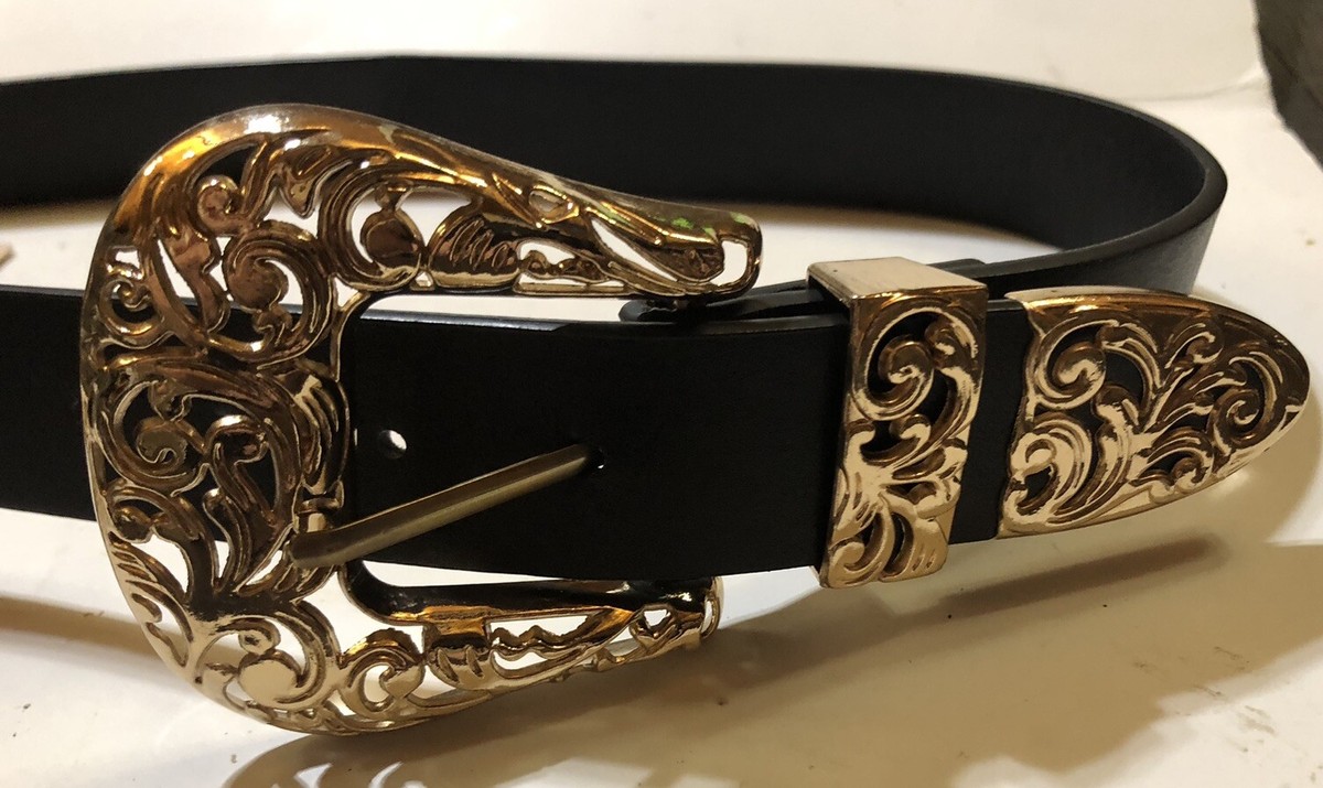 RARE House of CB \'Stockman\' Black+ Gold Two Piece Belt Vtg 1972 Harry Rosenfeld by Florenza Belt Black Leather Gold  main image 3
