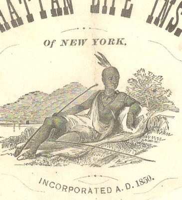 1876 EXPOSITION Trade Card w/ Phila Birds Eye View & Manhattan Indian Native