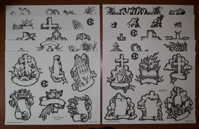 TATTOO FLASH POSTER【 Praying Hands 】 Black And Gray Religious Tattoo Flash 10 Sheets W/ Lines