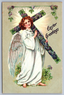 Postcard ''Easter Greetings'' Angel Carrying A Cross Tuck