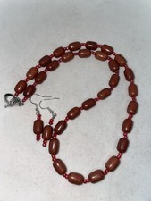 18  Handmade Bead Necklace Pierced Earrings Set Red Brown Rust New NWOT Beaded