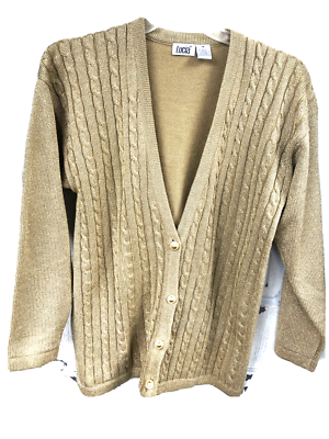[Archive]90s Gold Lamé Grunge Cardigan Lucia Womens Medium Cardigen Sweater Shimmering Gold Long Sleeves